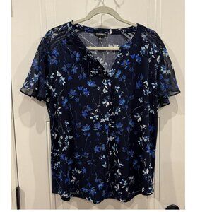 Roz & Ali XL Navy Blue & White Short-Sleeve Blouse Flutter Sleeves EUC Workwear